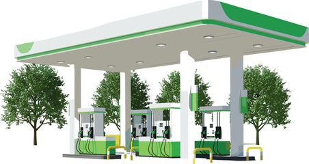 Modern eco-friendly gas station vector with canopy, fuel dispensers, digital screens, green branding, and surrounding trees in cartoon style.