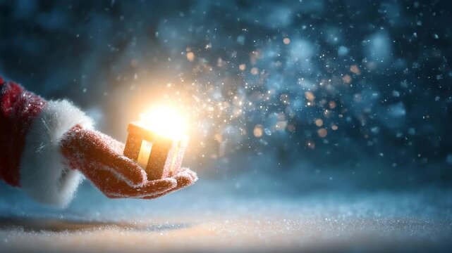 Santa Claus hand holding glowing Christmas gift in snowy night, magical holiday winter present concept