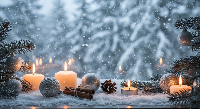 Warm candles light a snowy winter scene Christmas holiday decorations