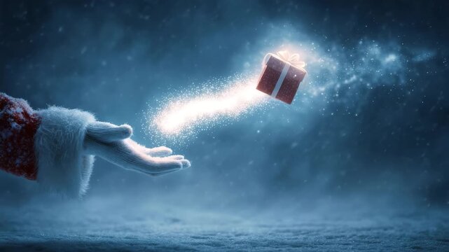 Santa Claus hand giving floating glowing Christmas gift in snowy night, magical winter holiday spirit