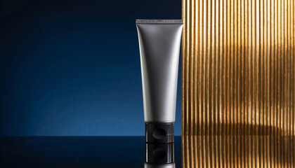 Silver Cosmetic Tube with Black Cap on Reflective Surface Against Blue and Gold Textured Backdrop Keywords: cosmetic