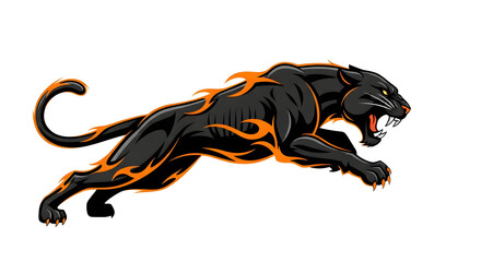 Dynamic Panther Emblem: A fierce, stylized panther leaps with energy, adorned with fiery accents, creating a sense of power and motion.