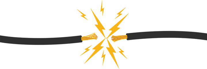 Vector illustration of severed wires with lightning discharge—cartoon concept for electrical hazard, short circuit, power failure, and danger.