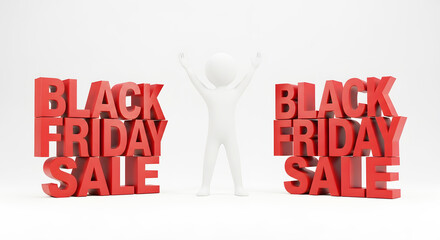Black Friday Sale Excitement: An enthusiastic figure celebrates the upcoming Black Friday sale, standing between bold, red letters promoting fantastic deals.