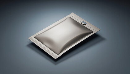 Silver foil pouch with a tear notch and a hanging hole on a dark background sachet