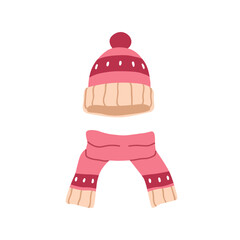 Wool beanie hat and woolen scarf. Knitted clothing, warm soft cap, head and neck wear. Cold winter accessories, apparel, knitwear with pattern. Flat vector illustration isolated on white background.