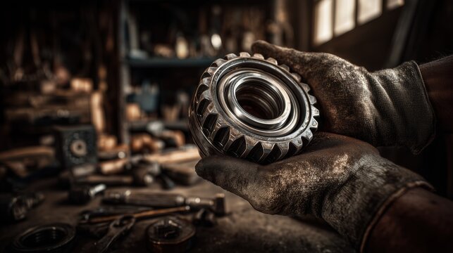 Hands holding a worn metal gear in a dimly lit workshop filled with tools and machinery