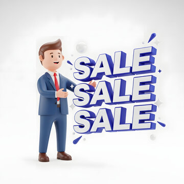 Sale Promotion: A cheerful businessman in a suit introduces the bold word 'SALE', the quintessential symbol of enticing discounts and economic opportunities.
