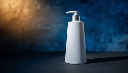Sleek white pump bottle with a dark textured background and dramatic lighting white bottle