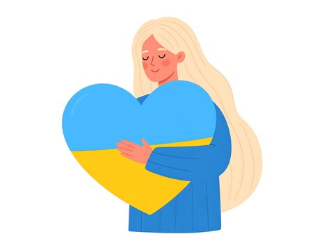 A fair-haired woman embraces a large heart colored blue and yellow, on a white background