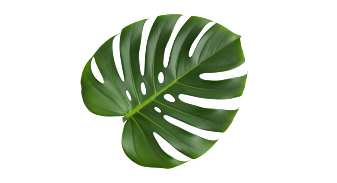 A vibrant green monstera leaf with its characteristic fenestrations, isolated on a transparent background, showcasing its natural beauty and tropical charm
