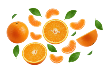 Vivid oranges, juicy slices, mandarin segments, and green leaves dynamically scattering and falling, transparent background, concept of natural freshness and vitality
