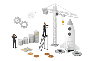 Businessmen near rocket ladder coins gear rising