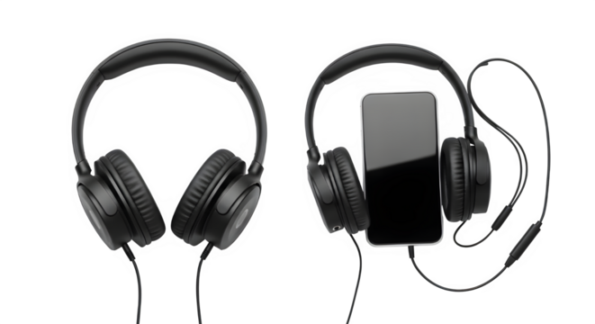 A sleek arrangement featuring two pairs of black headphones and a smartphone, a modern composition showcasing audio technology and connectivity in minimalist style