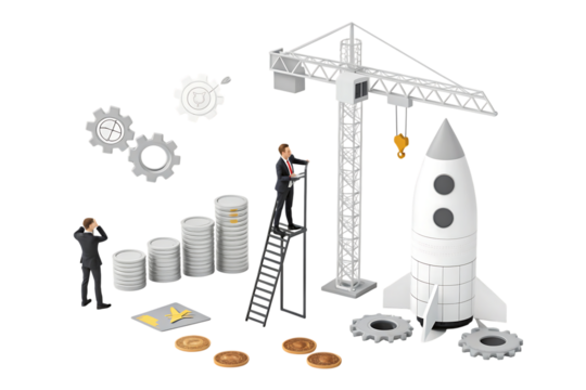 Businessmen near rocket ladder coins gear rising