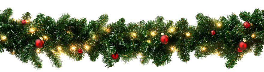 Evergreen Garland: Lush Greenery Adorned with Red Baubles and Warm Lights on Transparent Background