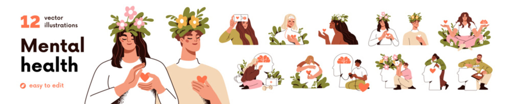 Mental health, psychology concept. Happy people with healthy mindset, psychotherapy, wellbeing. Self love, mind care, help, acceptance. Flat graphic vector illustration isolated on white background.