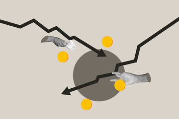 Banner full pop sketch 3d collage of business human hand point dollar inflation currency regress...