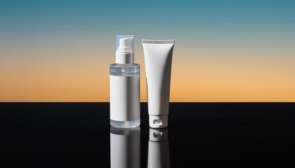 White Pump Bottle and White Tube Against Gradient Sky with Reflection spray cream