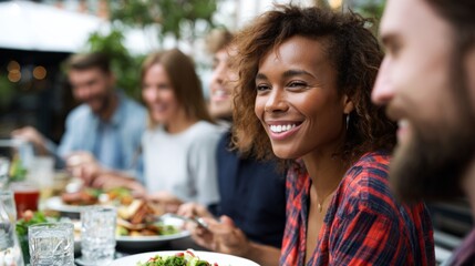 Smiling Black woman enjoying dinner with friends at a vibrant outdoor restaurant, creating a warm and inviting atmosphere.