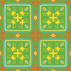 Seamless fabric pattern, Bohemian, yellow, blue, white, floral, geometric, antique, native american, cloth, black background 