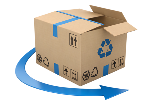 Cardboard delivery box or parcel with blue arrow shipping fast