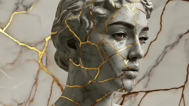 Elegant kintsugi marble statue video with gold vein accents and seamless transition