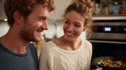 Smiling young couple cooking together in a cozy kitchen, showcasing love and connection through shared activity.