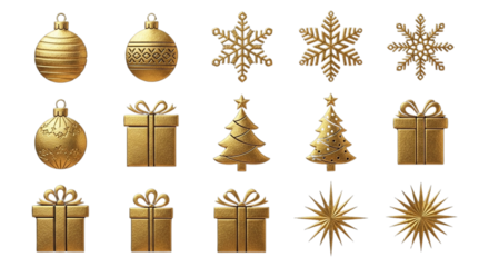 Golden christmas holiday elements set 3d render illustration