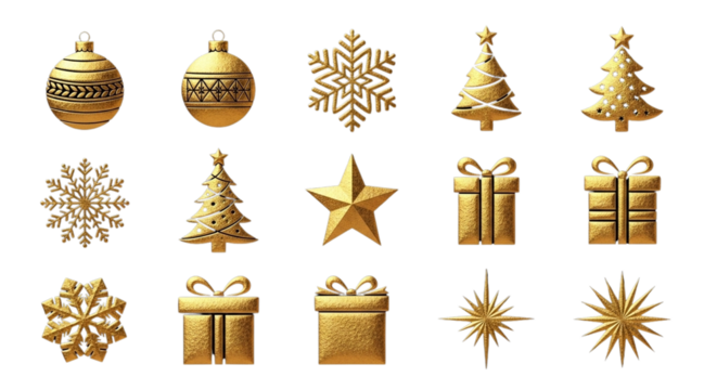 Golden christmas icons set for elegant holiday festive designs
