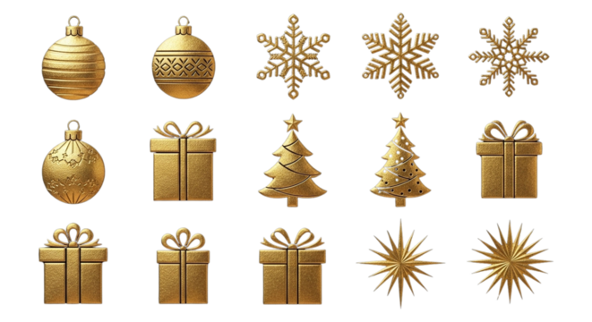 Golden christmas holiday elements set 3d render illustration