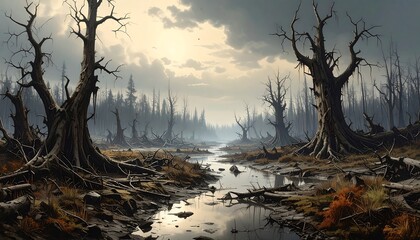 Desolate marshland features gnarled, dead trees under a moody sky.