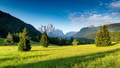 a grassy field with trees and mountains in the background