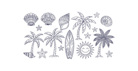 Beach doodle icons, seashells, palm trees, surfboard, sun, stars, black line art, white background, tropical illustration vector set