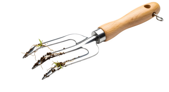 Gardening hand fork with soil and roots