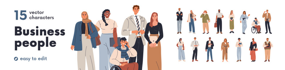 Diverse business people set. Happy office workers, employees, entrepreneurs, managers, executives, CEO characters. Men and women professionals. Flat vector illustration isolated on white background.