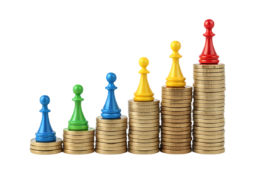 Colorful pawns atop stacks of coins symbolizing economic power rise