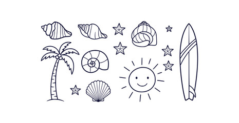 Beach doodle icons, seashells, palm trees, surfboard, sun, stars, black line art, white background, tropical illustration vector