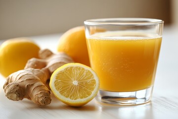 Freshly squeezed lemon and ginger juice served in a glass with lemons and ginger roots on a light wooden surface