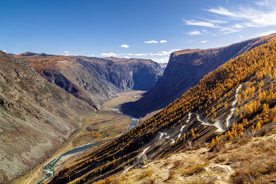 View of the Katu Yaryk pass in Altai Republic, Russia. Altai mountains. Mountain pass Katu-Yaryk. Valley of the mountain river Chulyshman. Mountain dangerous road.