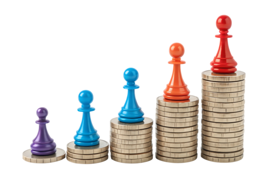 Colorful pawns atop stacks of coins symbolizing strategic financial planning - Powered by Adobe