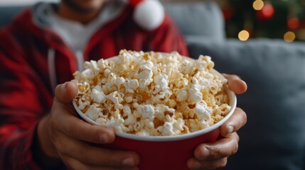 A young man of Middle Eastern descent enjoys a large bowl of popcorn while cozying up on the couch during the festive season.