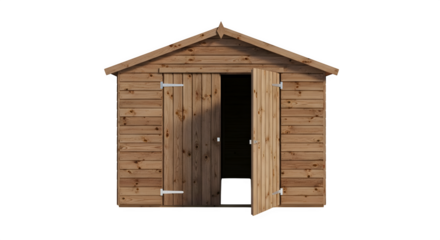 A wooden garden shed with double doors, one open