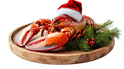 Festive Crustacean Celebration Lobster Adorned with Santa Hat on Wooden Platter with Holiday Greenery