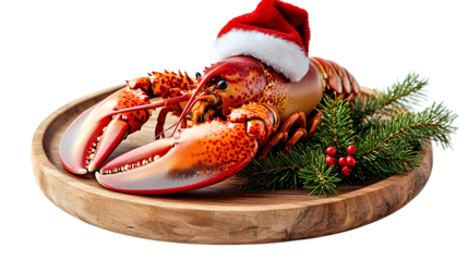 Festive Crustacean Celebration Lobster Adorned with Santa Hat on Wooden Platter with Holiday Greenery