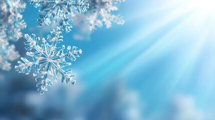 Beautiful snowflakes gently falling under sunlight, creating a serene winter atmosphere.