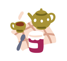 Tea cup and pot, jam in jar. Teapot, ceramic mug with sweet confiture. Cozy warm drink. Hot beverage and preserve, spoon. Morning hygge. Flat vector illustration isolated on white background.