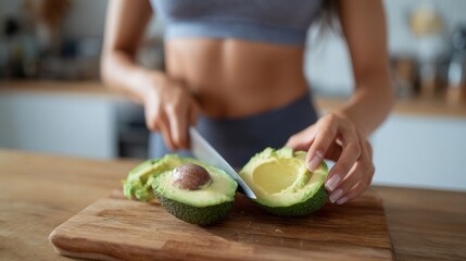 A woman carefully slices an avocado in a modern kitchen, showcasing healthy eating and culinary skills.