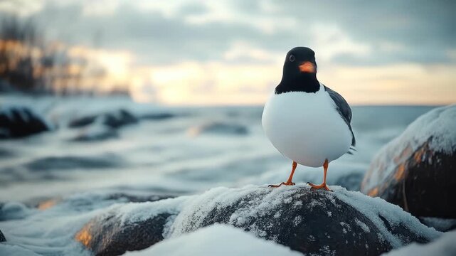 An oystercatcher bird on a snow-covered rock near the coast at sunrise