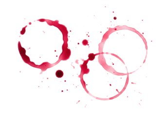 Three distinct red wine glass ring stains, crimson to rosé, with smudges and splatters forming abstract patterns on a transparent background with copy space, soft studio lighting. Concept of